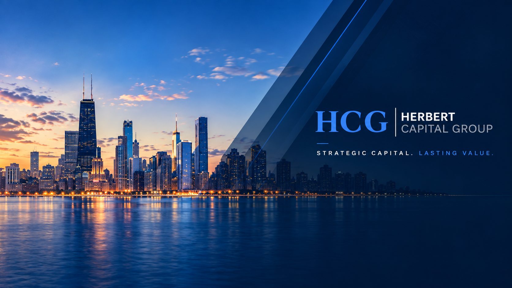 Chicago skyline reflected on Lake Michigan at dusk